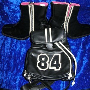 Black faux leather w ivory pink trim zipper ankle boots sz 8 & backpack 84 NWOT
